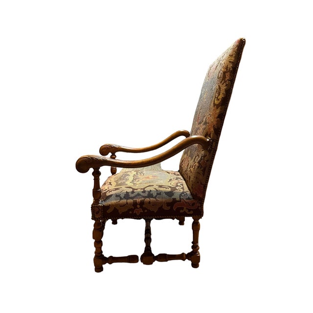 Wood 19th Century French Needlepoint Carved Walnut Throne Chair For Sale - Image 7 of 11