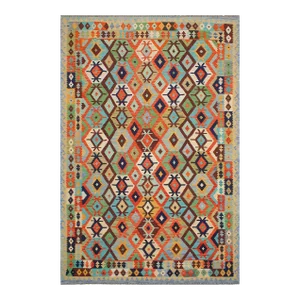 Kilim Rust Blue Wool Rug - 8'2" X 9'8"