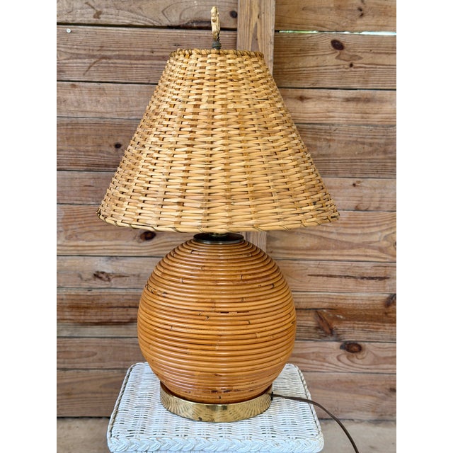 Vintage Pencil Rattan Table Lamp With Crab Finial & Woven Shade For Sale In Naples, FL - Image 6 of 12