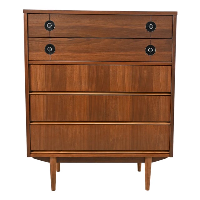 Stanley Furniture Walnut 5-Drawer Mid-Century Modern Highboy | Newly Refinished For Sale