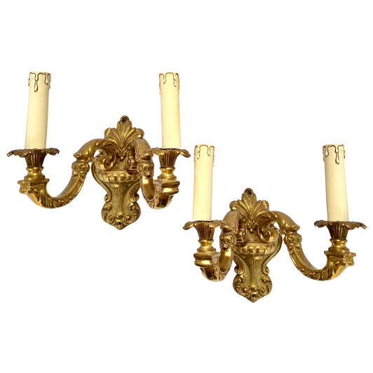 Vintage French Double Arm Bronze Wall Lights, 1960s, Set of 2 For Sale