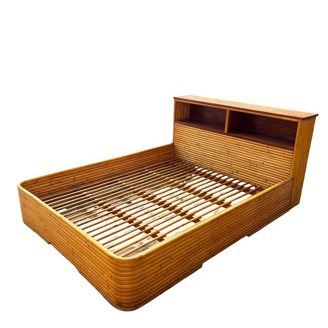 Mid-Century Modern Restored Mid-Century Queen Size 13-Strand Stacked Rattan Bed Frame W/ Book Shelf For Sale - Image 3 of 9