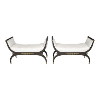 Pair French Empire Style Ebonized & Brass Mounted Upholstered Benches For Sale