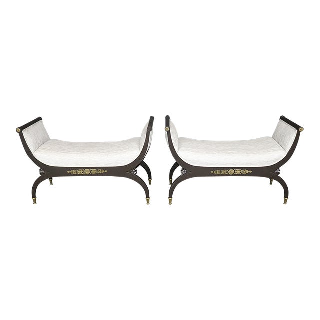 Pair French Empire Style Ebonized & Brass Mounted Upholstered Benches For Sale