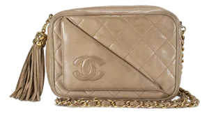 Vintage Chanel Quilted Beige Quilted Lambskin Leather Tassel Camera Bag