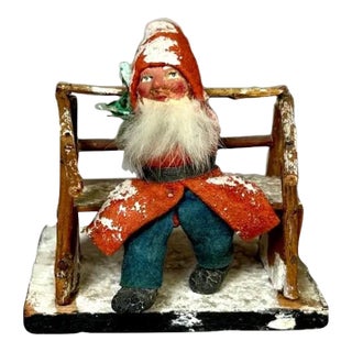 Antique German Santa Tomte Nisse Christmas Folk Art Figure on Bench, C. 1930s–40s For Sale