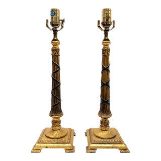 Vintage Hollywood Regency Style Gold Leaf Column Candlestick Lamps- A Pair For Sale