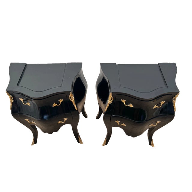 Vintage Pair French Nightstand Tables Two Drawers Black Lacquer Marble, Ormolu For Sale - Image 11 of 12