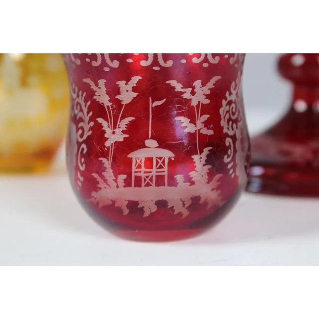 Glass Bohemian Crystal Glass Set in Ruby Red and Yellow, 1880s, Set of 3 For Sale - Image 7 of 12