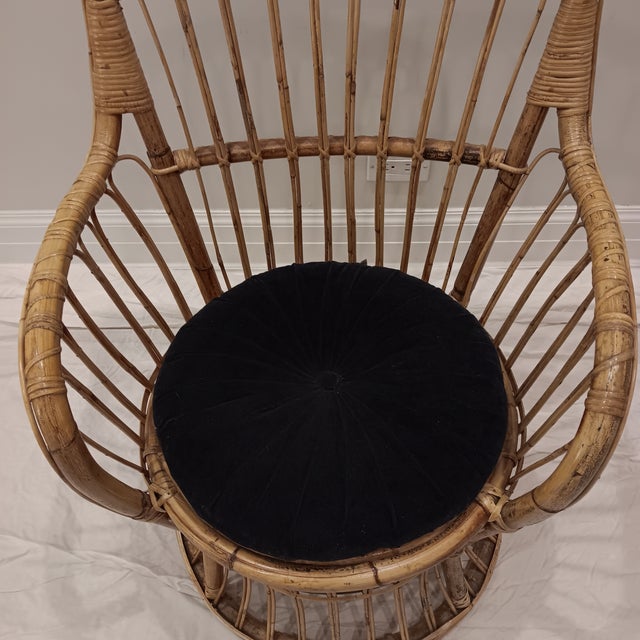 Vintage Wicker and Bamboo Bucket Chair Comes With a Black Cushion For Sale - Image 17 of 18