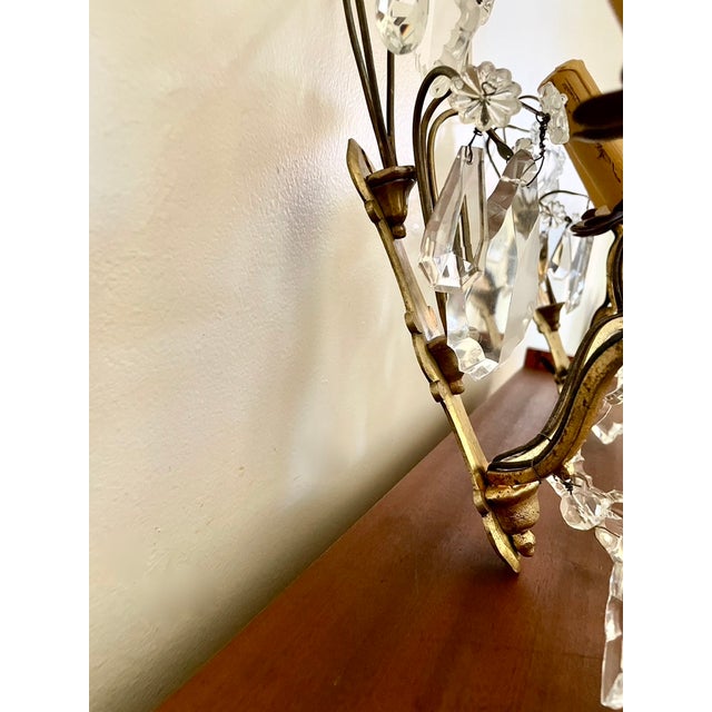 Metal Double Crystal and Brass Wall Sconces, 1950s, Set of 2 For Sale - Image 7 of 11