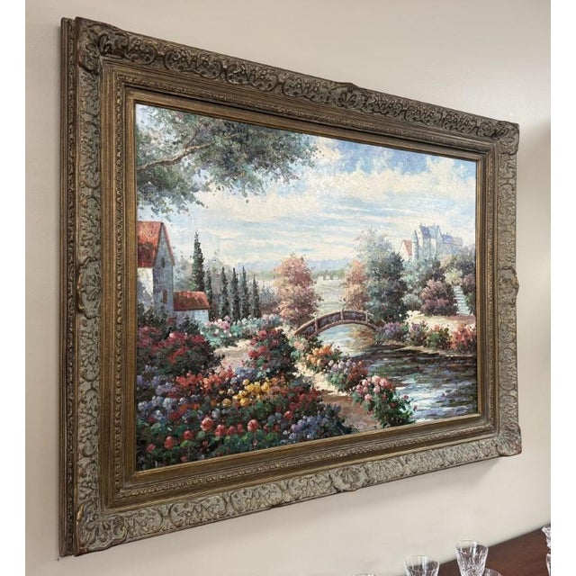 Late 20th Century Original Oil on Canvas of Countryside Bridge and Garden For Sale - Image 4 of 10