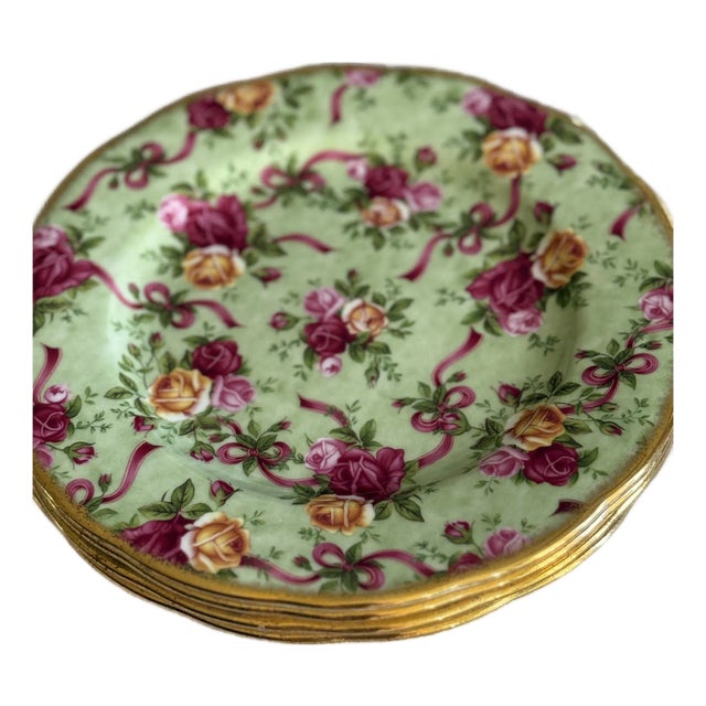Royal Albert China Old Country Roses Ruby Celebration Green Chintz - Set of 4 For Sale