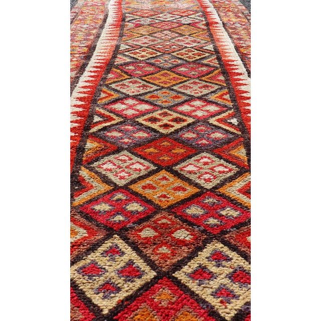 Tribal Multicolored Midcentury Turkish Kurdish Oushak Runner With Diamonds and Stars 2'9 X 9'10 For Sale - Image 3 of 10