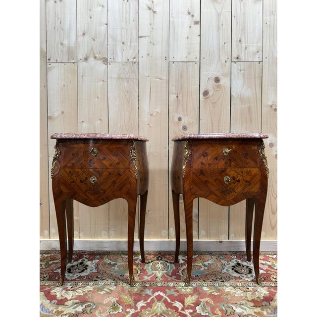 Brown Louis XV Style Rosewood Marquetry Bedside Tables, 1920s, Set of 2 For Sale - Image 8 of 8