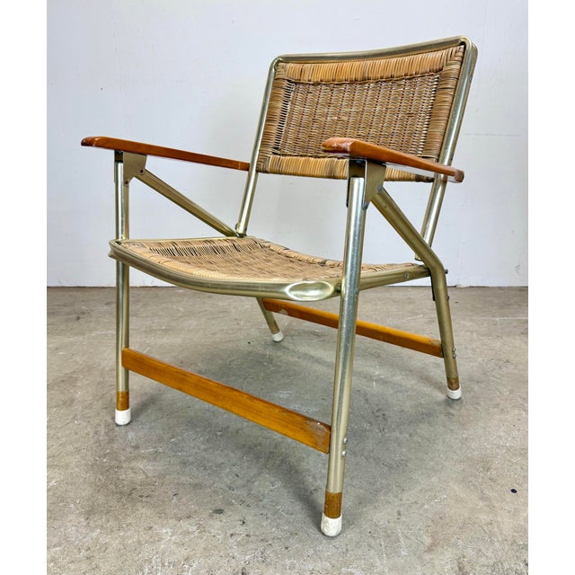 1970s 1970’s Mid Century Modern Rattan & Anodized Gold Aluminum Patio / Porch Chairs by Telescope For Sale - Image 5 of 12