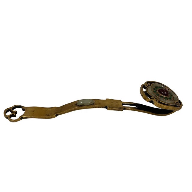 Metal Antique Chinese Bronze Ruyi With Jade Inlay For Sale - Image 7 of 9