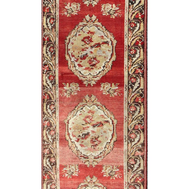 Traditional Antique Turkish Oushak Runner With European Design in Red Brown and Green For Sale - Image 3 of 9