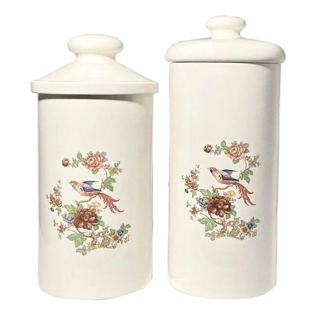 1960s Pair of Ceramic Asian Floral & Bird Large Kitchen Pantry Canisters For Sale