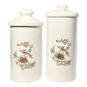 1960s Pair of Ceramic Asian Floral & Bird Large Kitchen Pantry Canisters