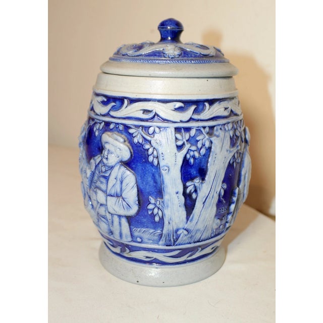 Up for sale is a wonderful antique handmade German Westerwald blue and white pottery tobacco jar. The jar is done with...