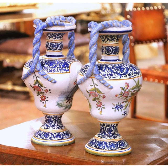 Large Pair of 19th Century French Desvres Faience Urns With Twisted Handles For Sale In Dallas - Image 6 of 17