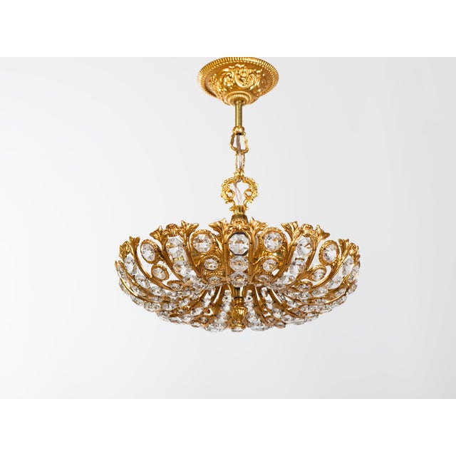 French 1960s Gilt Brass & Faceted Crystal Pendant Lamp For Sale - Image 3 of 10
