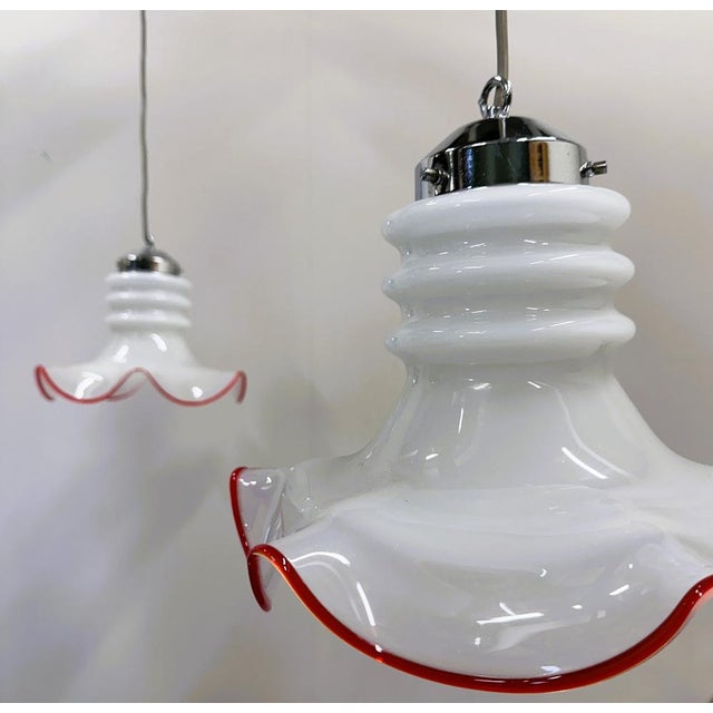 Italian Murano Glass Pendant Lamps with Red Trim, Italy, 1970s, Set of 2 For Sale - Image 5 of 12