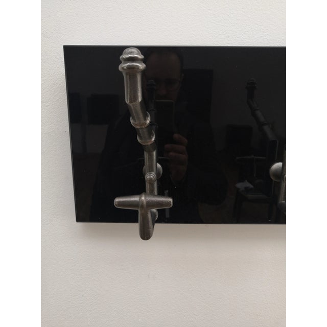 Black Antique Cast Iron & Faux Bamboo Wall Hooks Hangers on New Black Wooden Support For Sale - Image 8 of 9