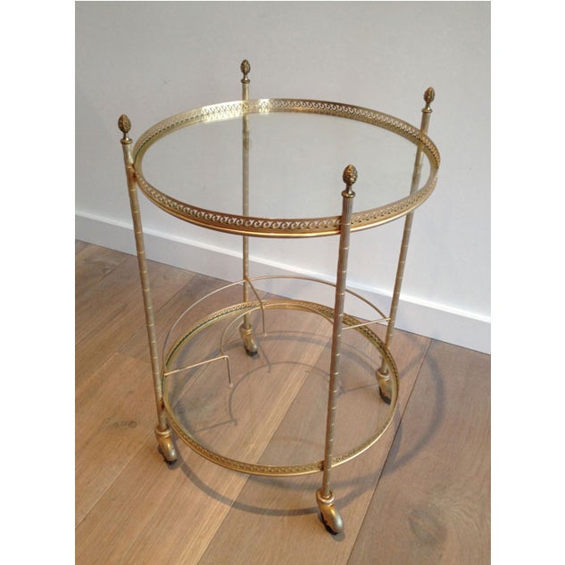 Mid-Century Modern Mid Century Brass Round Rolling Serving Table With Acorn Finials & Bottle Rack For Sale - Image 3 of 3