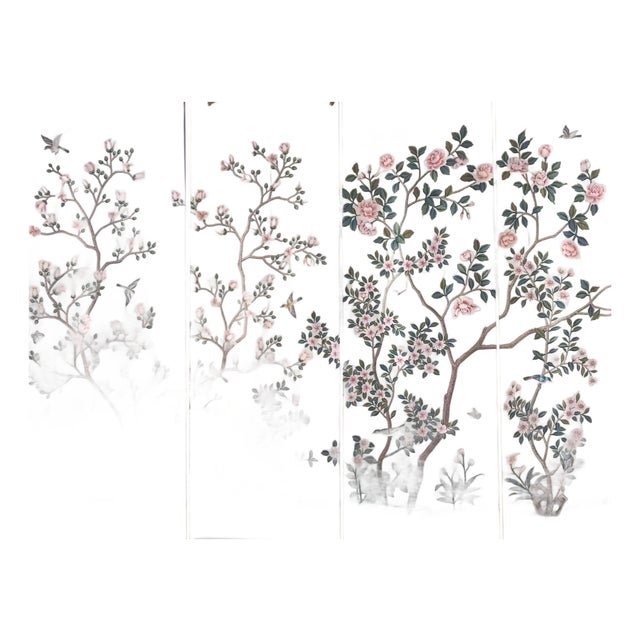 Chinoiserie Hand-Painted Magnolia & Peony Wallpaper Panels, Set of 4 For Sale