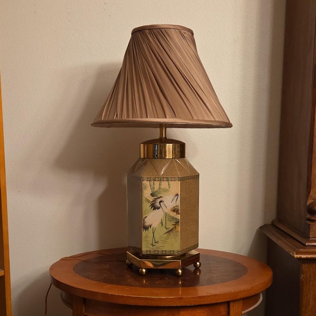 Vintage Chinoiserie Hexagonal Reverse-Painted Glass & Brass Table Lamp For Sale - Image 4 of 15