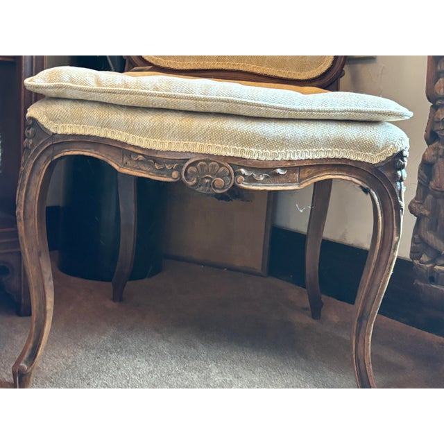 Antique French Style Carved Side Chair Upholstered in a Tan Plaid For Sale - Image 4 of 5