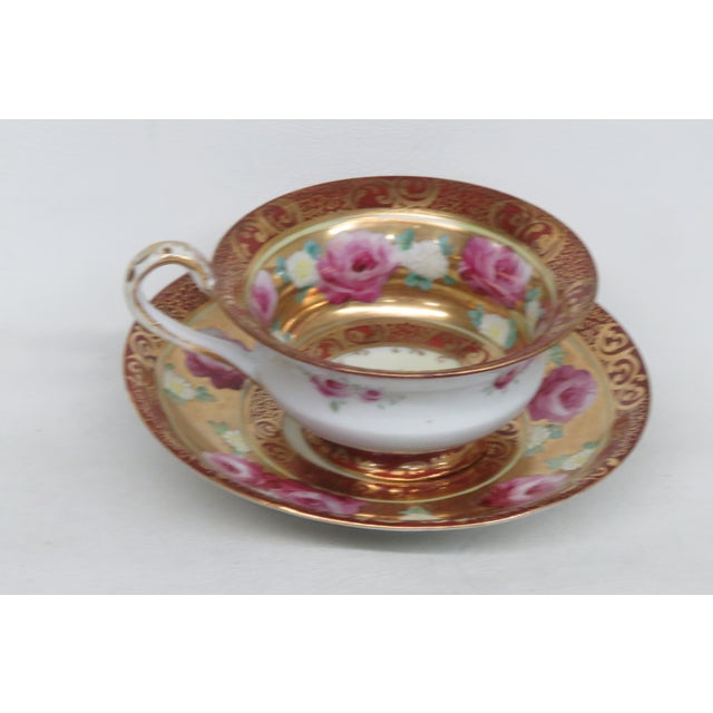 Mogi Momonoi Gold Burgundy Bone China Flower Tea Cup & Saucer Set 4653b For Sale - Image 15 of 18