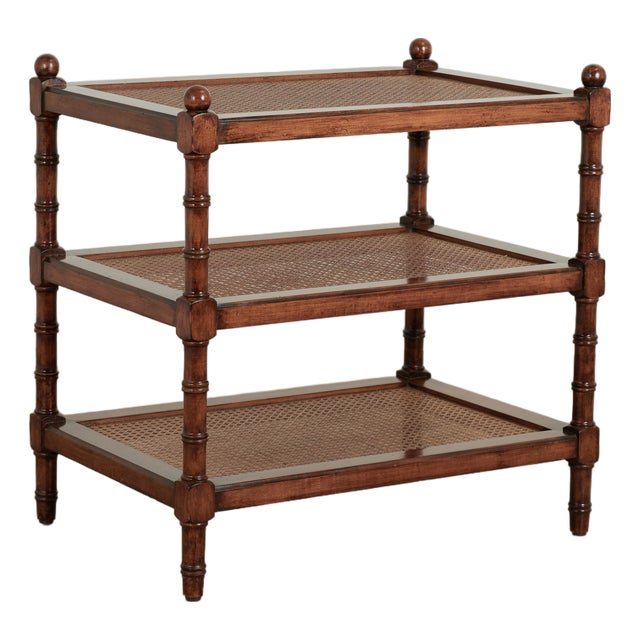 Vintage Three Tiered Caned British Colonial Style Stand For Sale