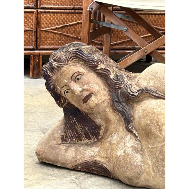 Impressive antique mythological mermaid figure hand carved in mahogany, Gessoed and paint decorated.