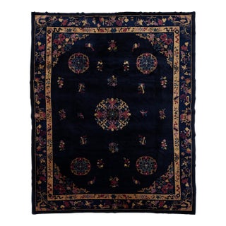 Antique Art Deco Chinese Wool Rug With Indigo Field and Lotus Medallions 9x11 For Sale