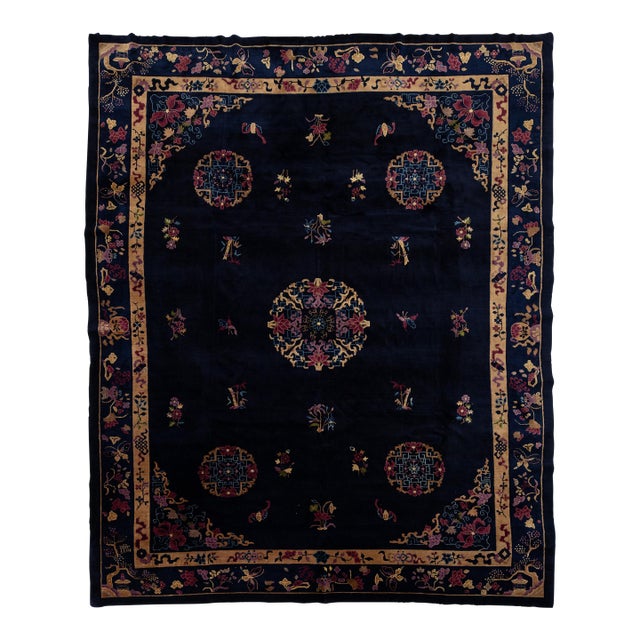 Antique Art Deco Chinese Wool Rug With Indigo Field and Lotus Medallions 9x11 For Sale