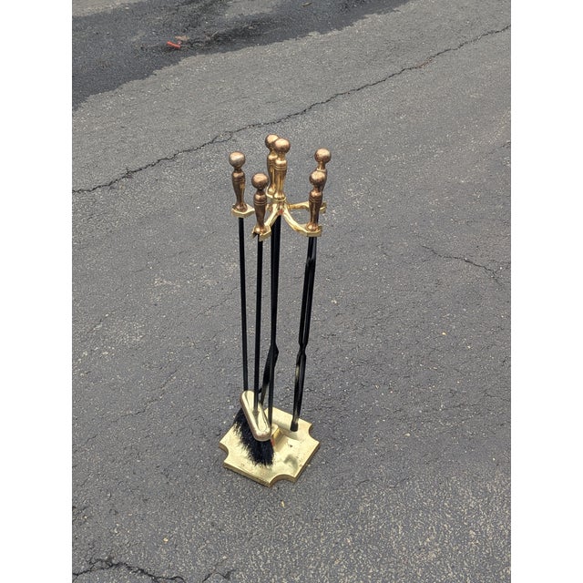 Vintage Brass Plated Metal Fireplace Tools/ 4 Tools and Stand Fireplace Tools Set For Sale - Image 9 of 9