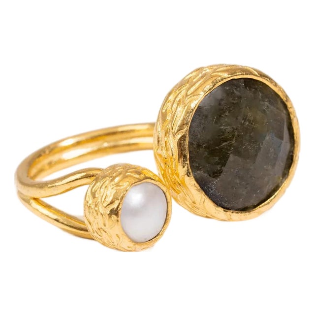 Mystic Duo Labradorite & Pearl Gold Adjustable Ring, Size 4 For Sale