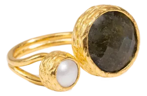 Mystic Duo Labradorite & Pearl Gold Adjustable Ring, Size 4