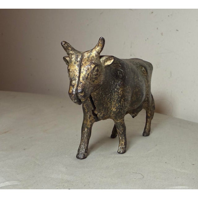 Figurative Antique 1920's Cast Iron Gold Cow Animal Still Coin Penny Bank – A.c. Williams For Sale - Image 3 of 11
