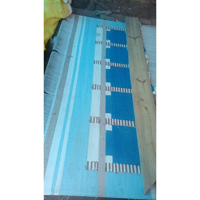 Handmade Cotton Geometric Area Rug, Sky Blue, Cream, Beige and Tan Dhurrie-88"x132" For Sale - Image 6 of 14