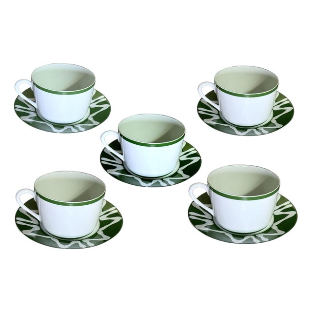 1990s Bill Goldsmith Site Carot New Florida Green Limoges Cup & Saucer Set of 5 - 10 pcs For Sale