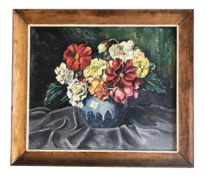 Vintage Mid Century Modernist Still Life Painting With Flowers Signed Giacona