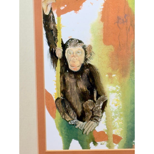 Green Late 20th Century Artist Signed Water Color Monkey Art -a Pair For Sale - Image 8 of 12