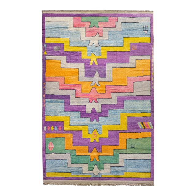 Modern Turkish Tulu Handmade Multicolor Geometric Motif Oversize Wool Rug For Sale