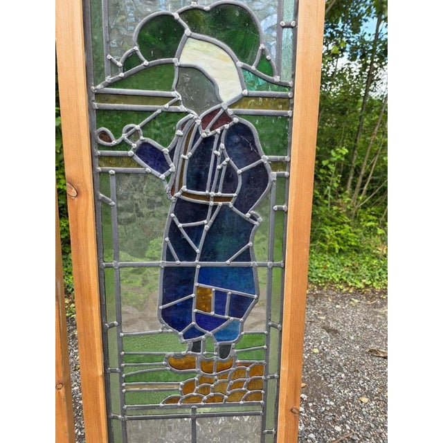 1930s Antique Leaded Glass Window with Dutch Boy and Girl Design, 1930 For Sale - Image 5 of 6