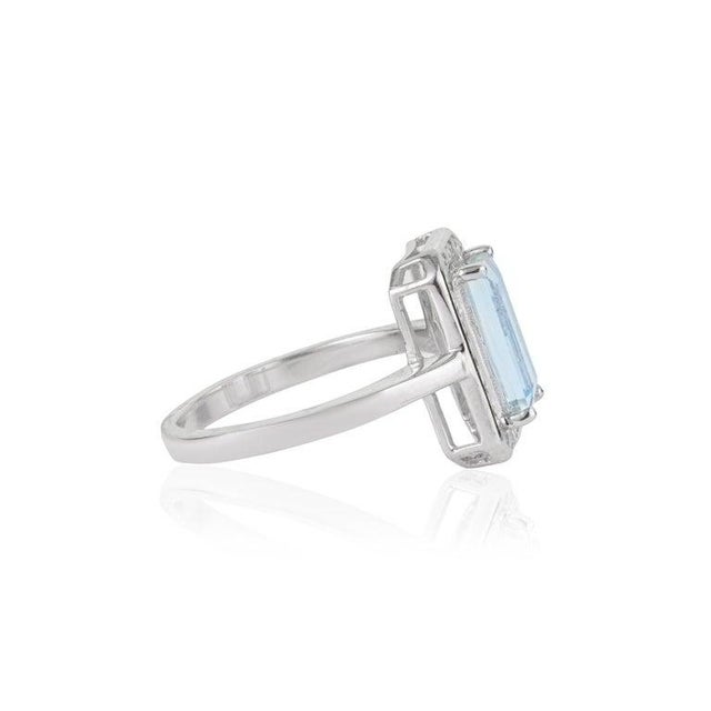 925 Sterling Silver Aquamarine Statement Ring With Diamond Halo, Size 8.5 For Sale - Image 4 of 15