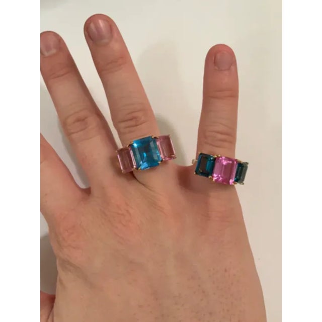 Contemporary Christina Addison 18kt White Gold Three Stone Emerald Cut Ring With Blue Topaz and Iolite For Sale - Image 3 of 12